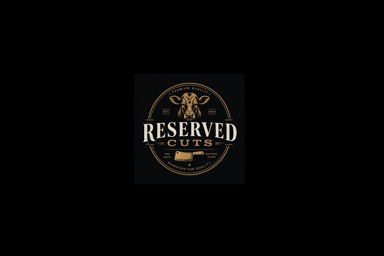 Reserved Cuts logo with a cow's head and cleaver on a black background